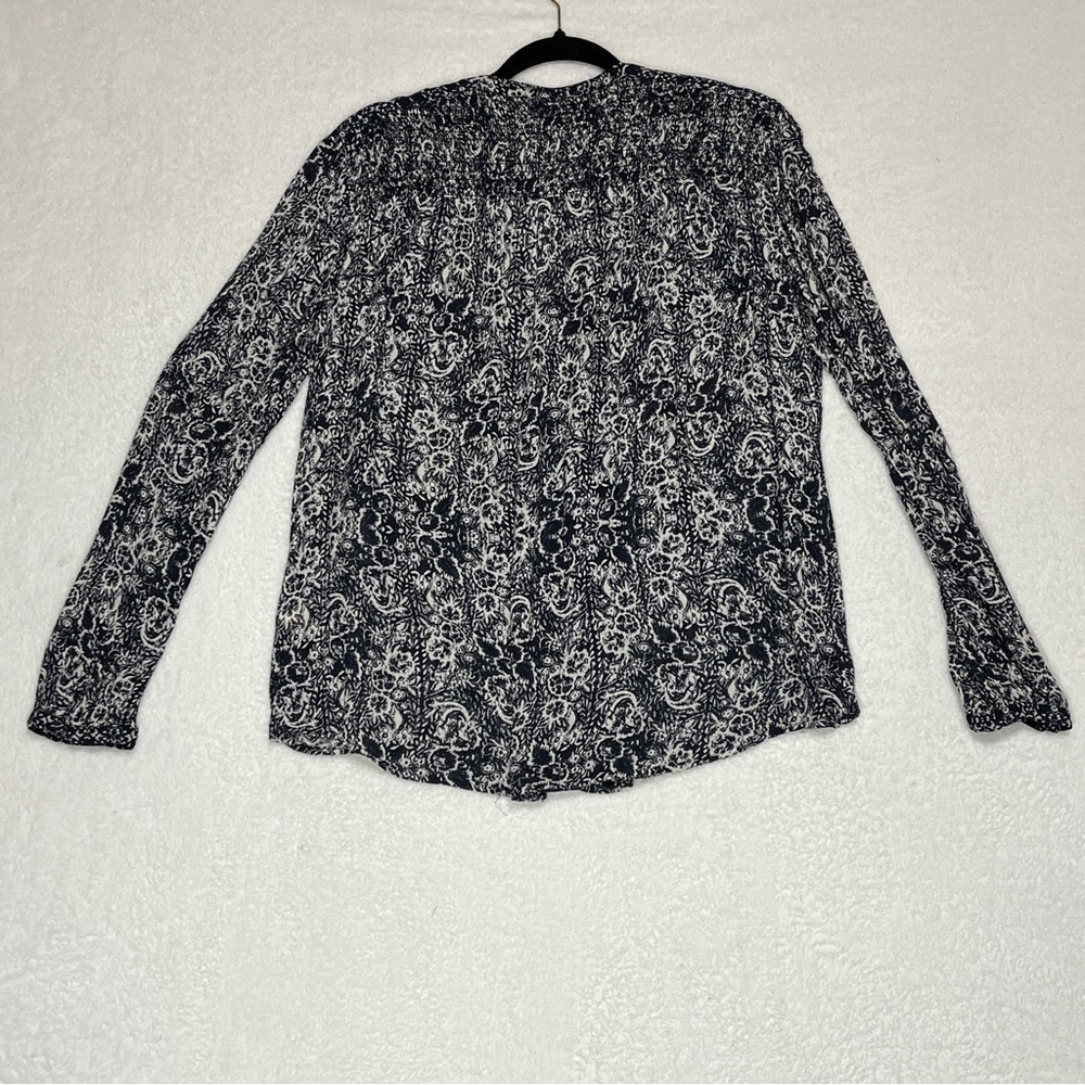 Lucky Brand Navy Cream Boho Peasant Blouse Large Flowy V-Neck Patterned Top - Picture 2 of 11